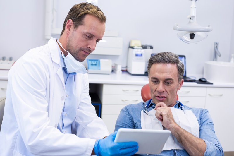 A dental patient consulting their dentist about a smile makeover